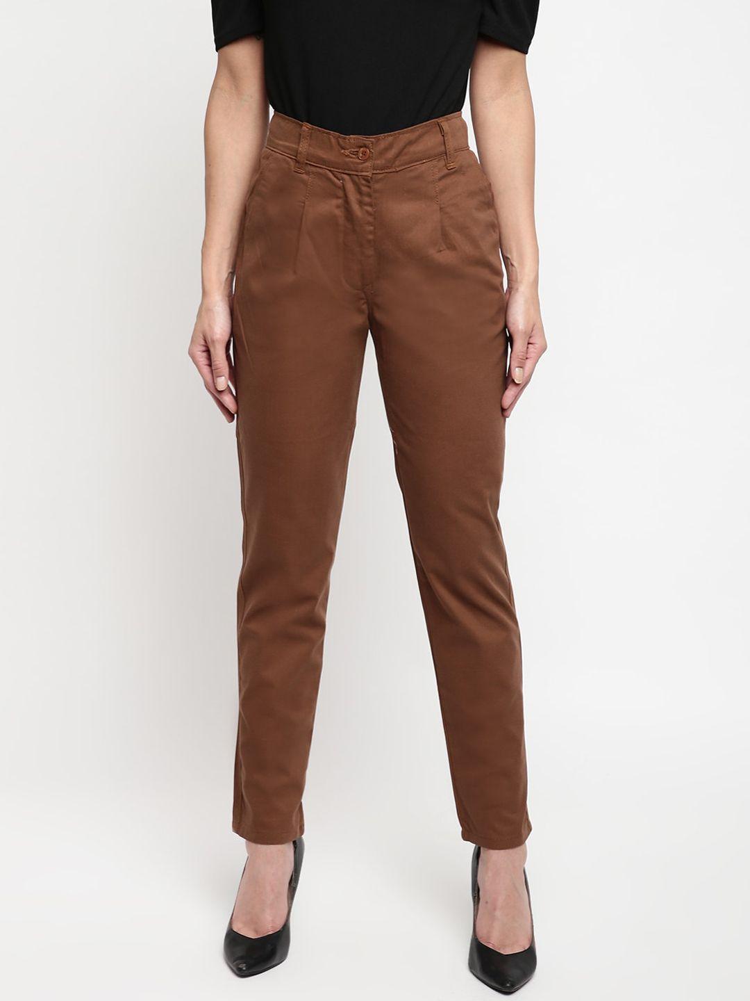 Mayra Women Brown Skinny Fit Pleated Cotton Trousers