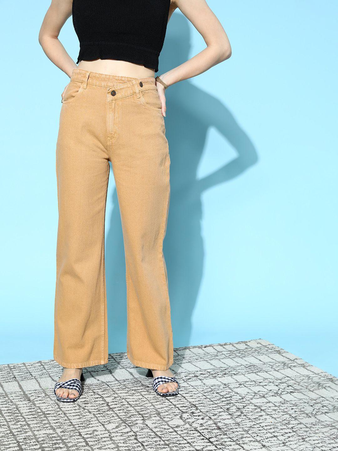 SASSAFRAS Women Chic Brown High-Rise Straight Fit Jeans