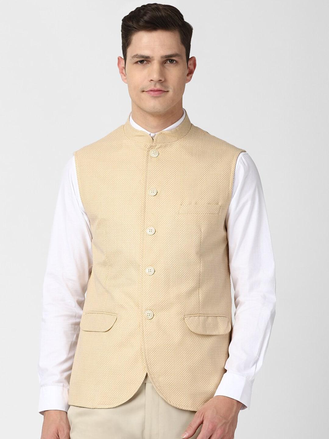 Peter England Elite Men  Khaki Printed Regular-Fit Polyester Nehru Jackets