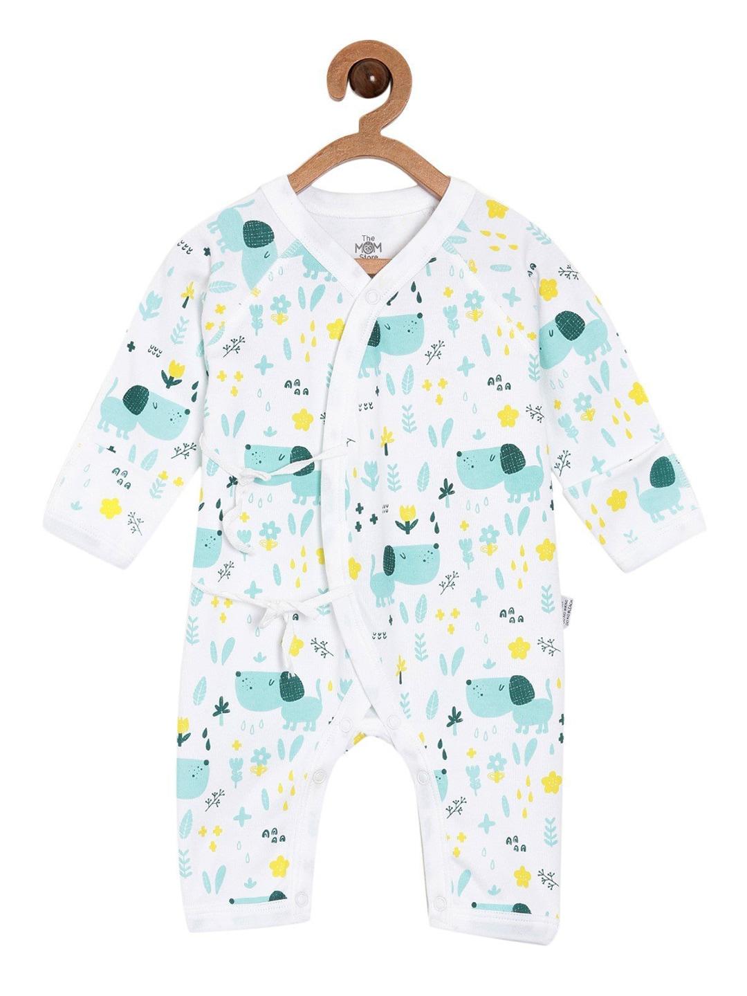 The Mom Store Infants White & Green Printed Cotton Rompers