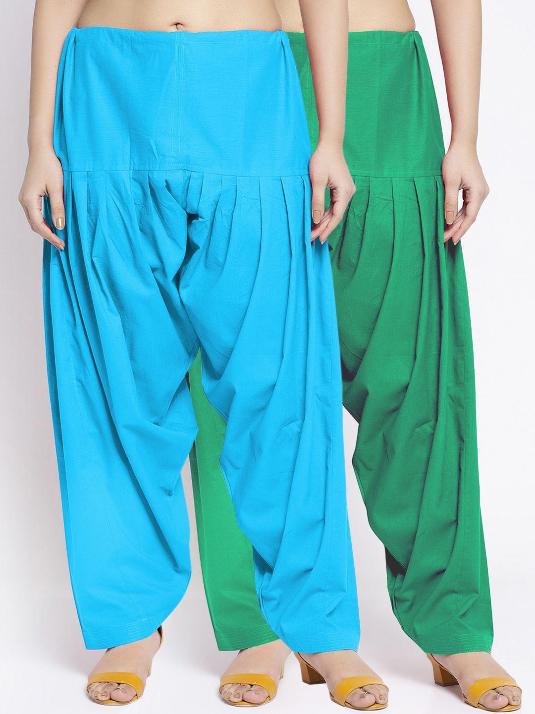 jinfo-women-pack-of-2-green-&-blue-solid-cotton-salwars