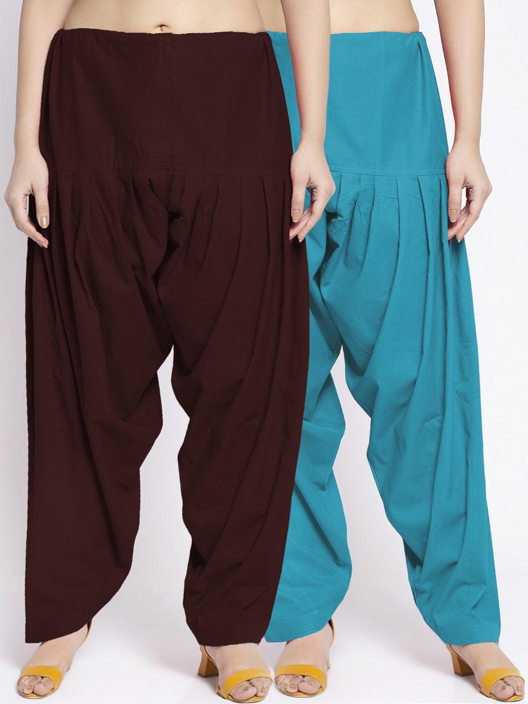 jinfo-women-pack-of-2-brown-&-blue-solid-loose-fit-cotton-salwars