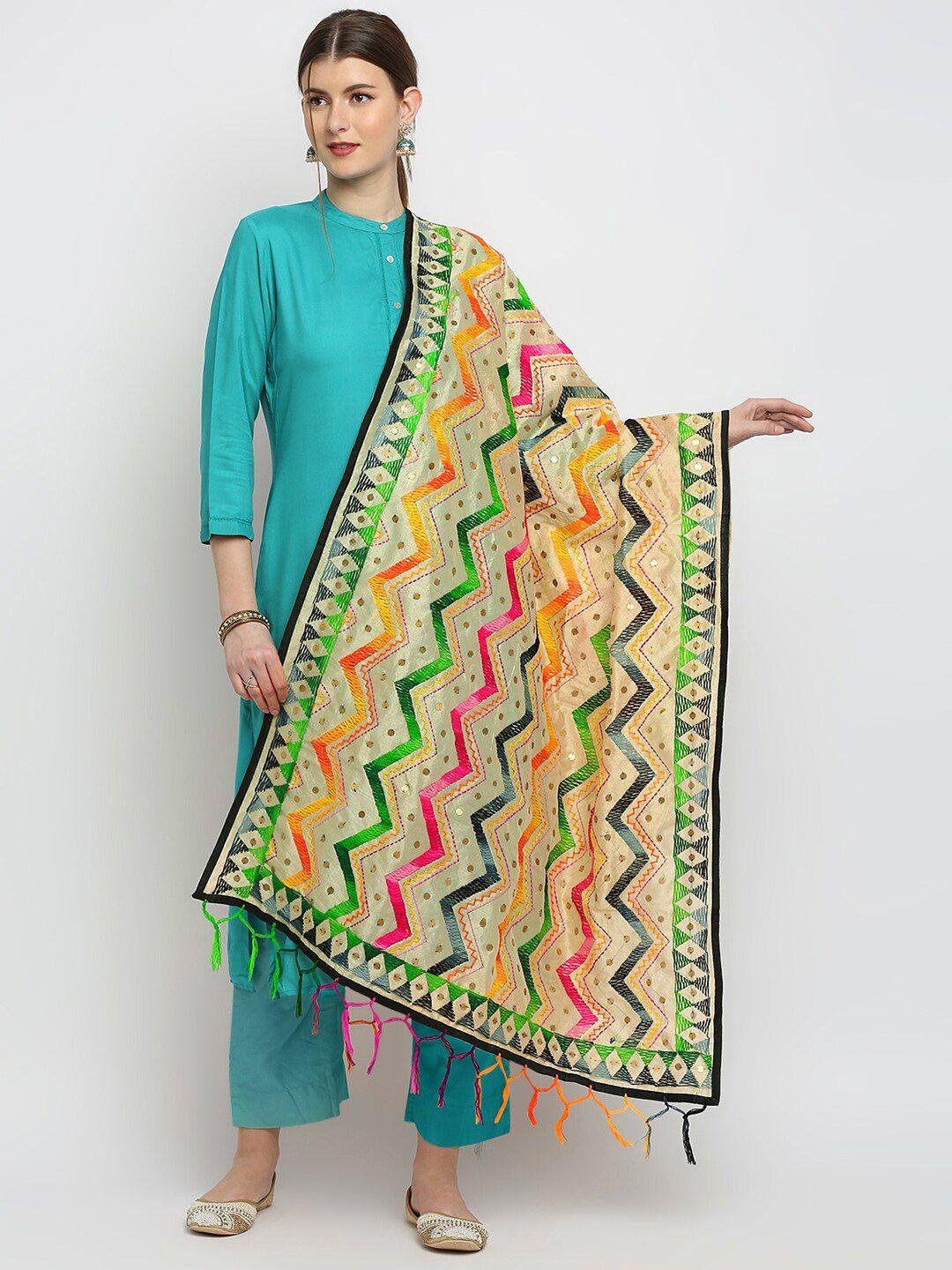 dupatta-bazaar-gold-toned-&-green-ethnic-motifs-embroidered-dupatta-with-beads-and-stones