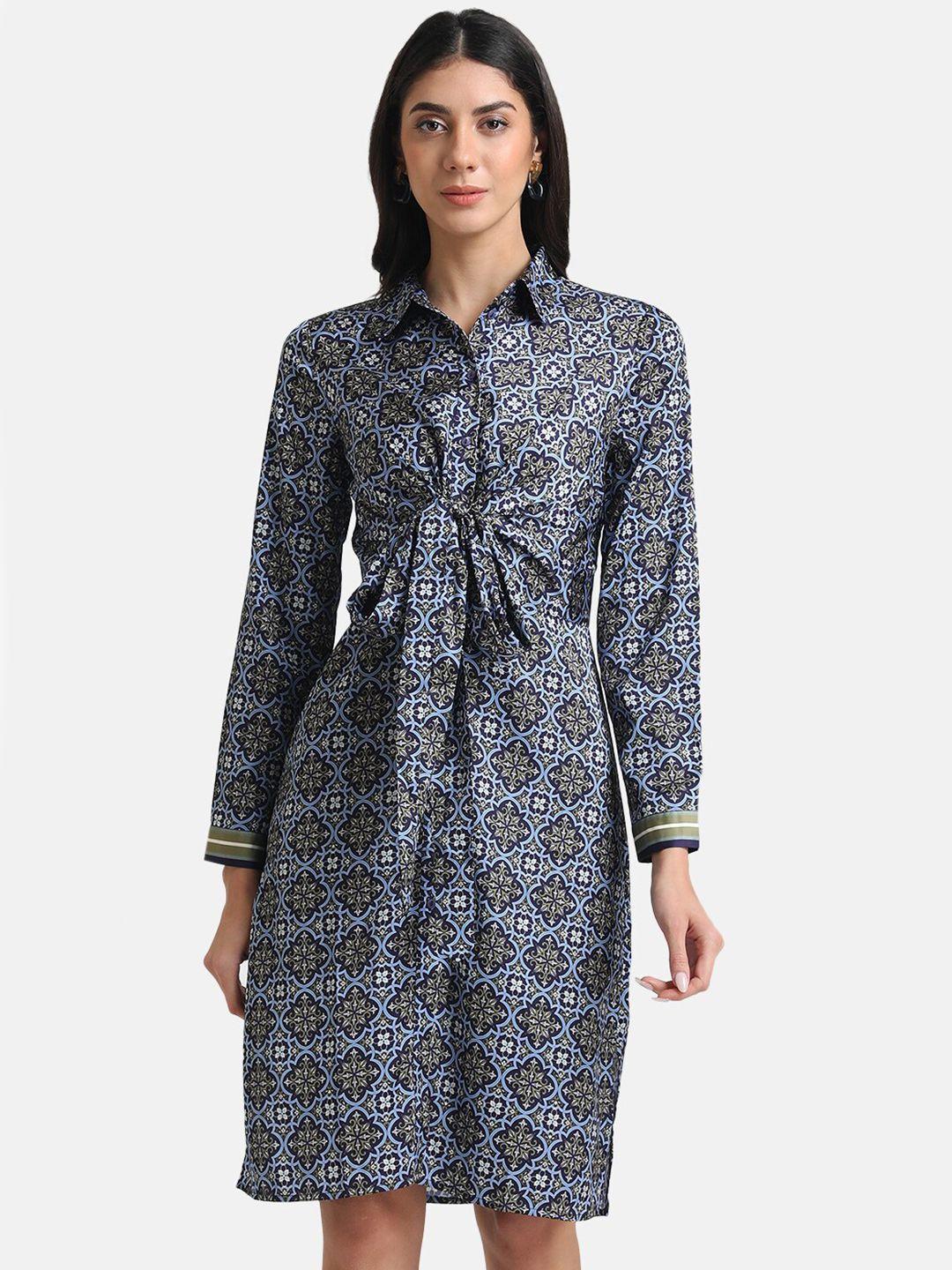 kazo-women-blue-&-grey-ethnic-motifs-satin-shirt-dress