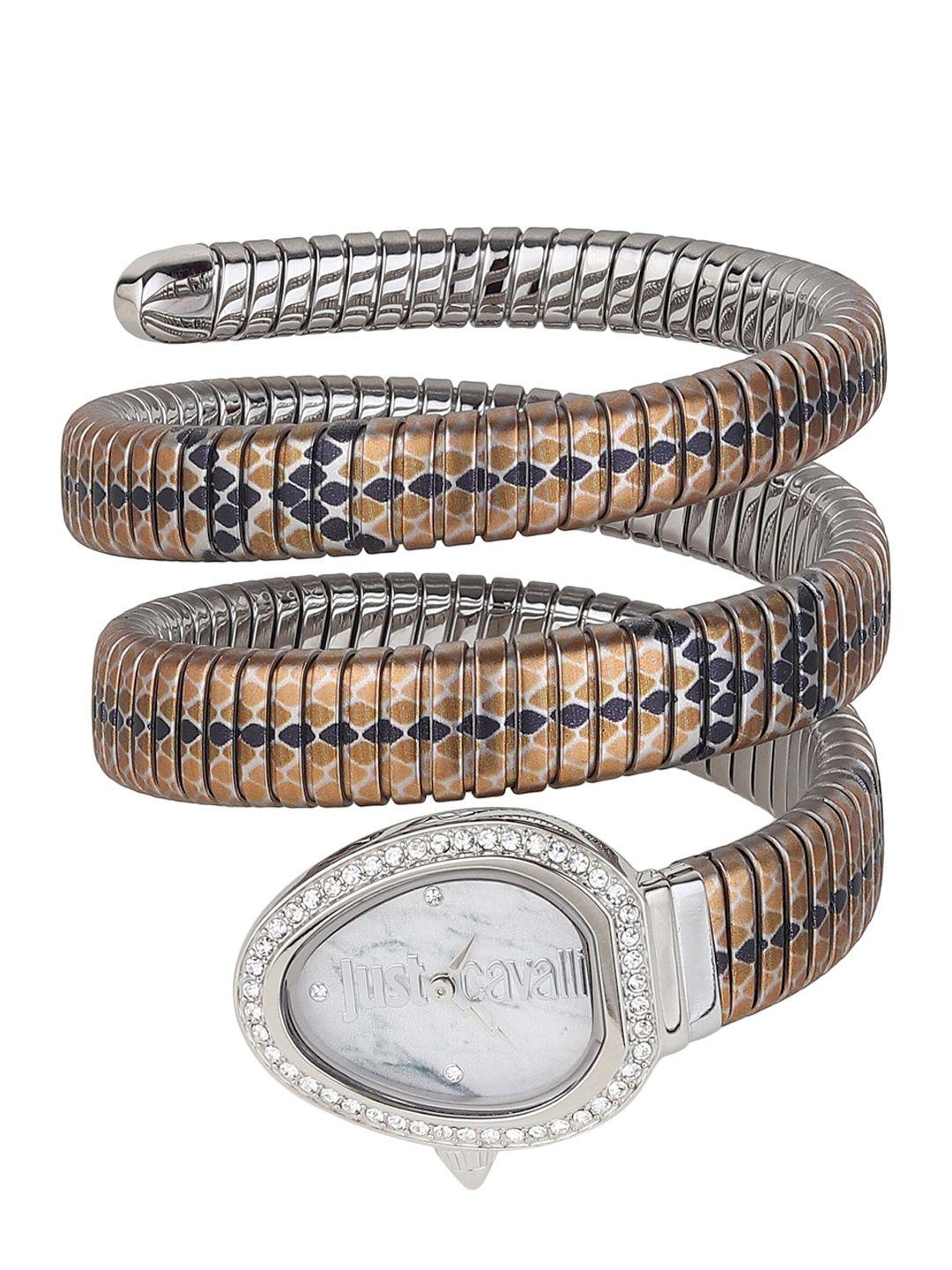 Just Cavalli Women Rose Gold-Toned Brass Embellished Dial & Silver Toned Stainless Steel Bracelet Style Watch