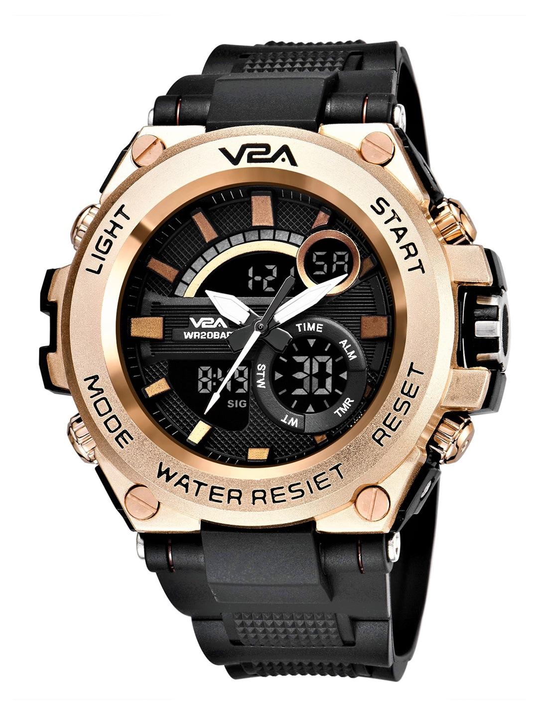 V2A Men Rose Gold-Toned Patterned Dial & Black Textured Straps Analogue Multi Function Watch
