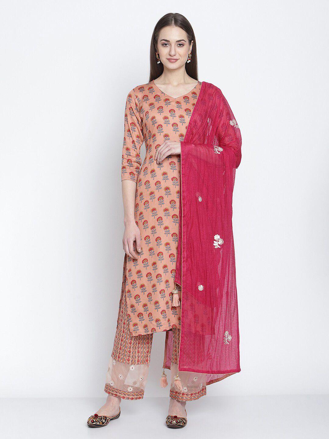 Stylee LIFESTYLE Peach-Coloured & Magenta Digital Printed Unstitched Dress Material