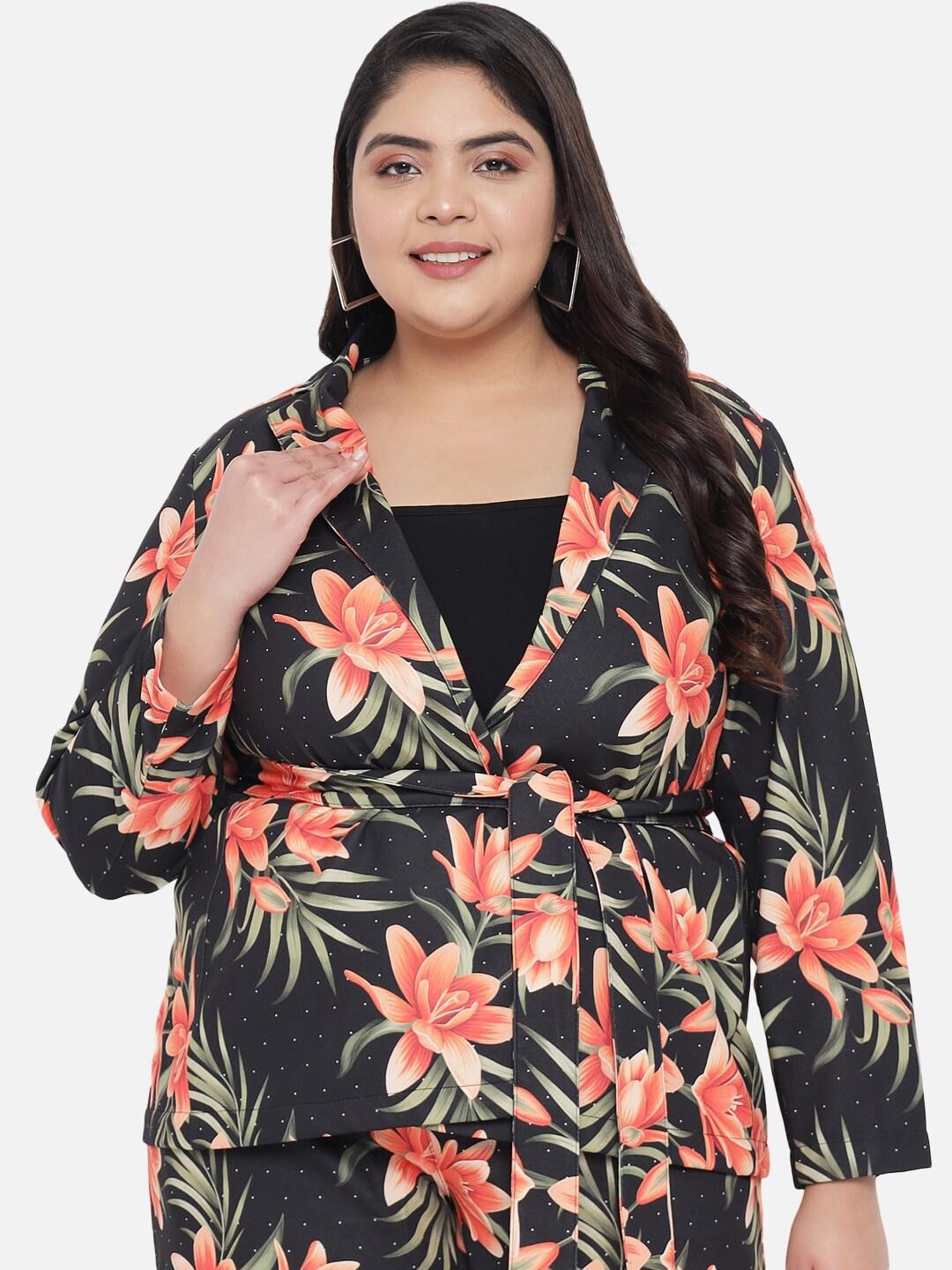 Amydus Women Plus Size Black & Peach-Coloured Printed Single-Breasted Casual Blazer