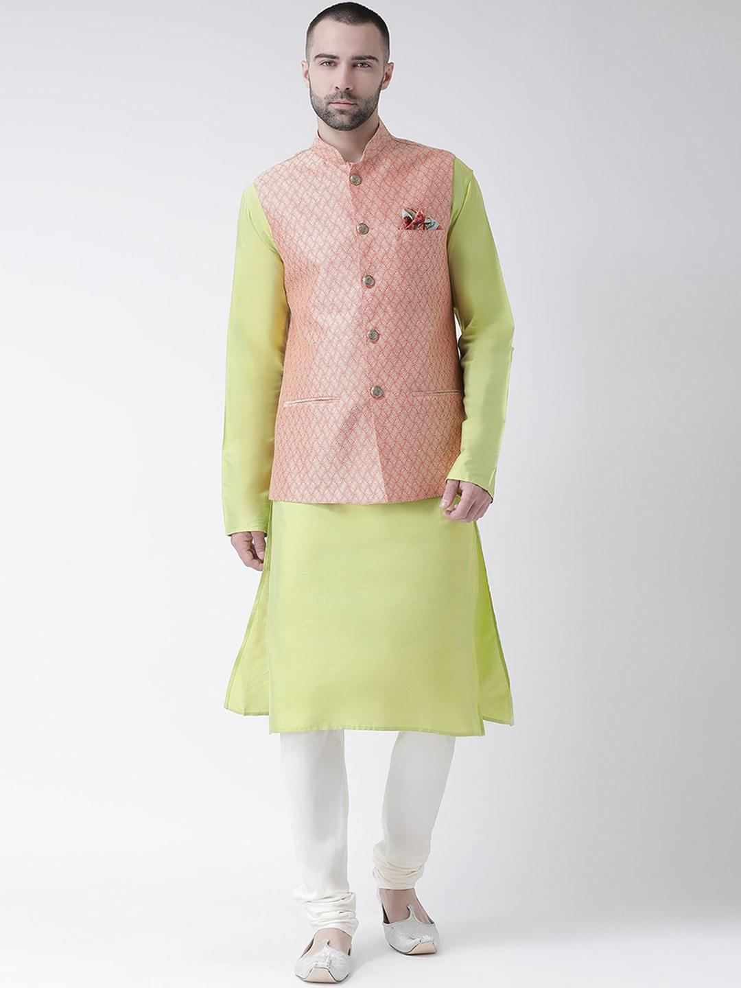 kisah-men-peach-coloured-&-lime-green-ethnic-motifs-kurta-&-churidar-with-nehru-coat