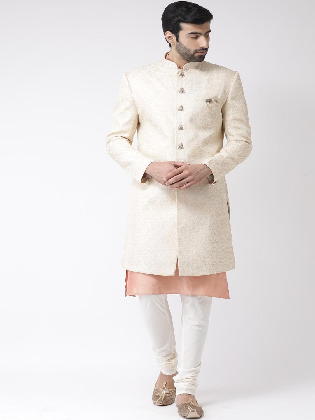KISAH Men Cream-Coloured Solid Sherwani Set