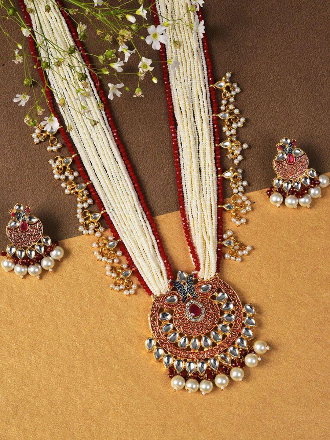 SOHI Gold-Plated White & Red Stone-Studded & Pearl Beaded Jewellery Set