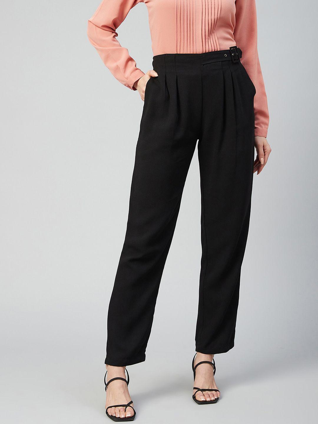 marie-claire-women-black-solid-pleated-trousers-with-belt-buckle-applique