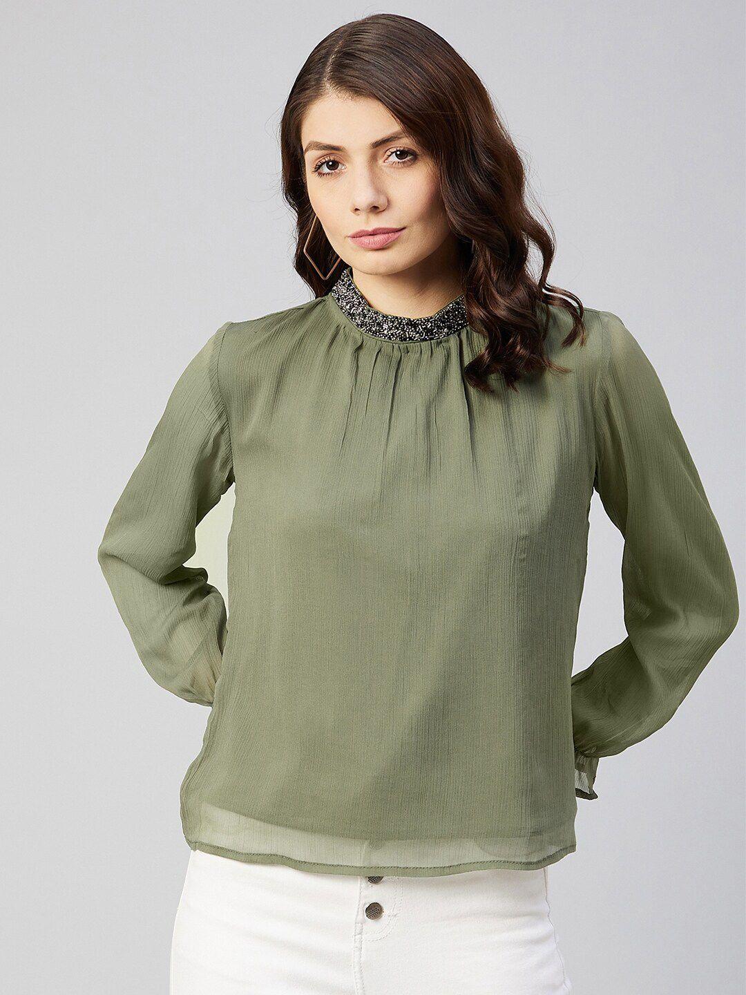 marie-claire-olive-green-solid-crinkled-chiffon-top-with-tie-ups-with-embellished-detail