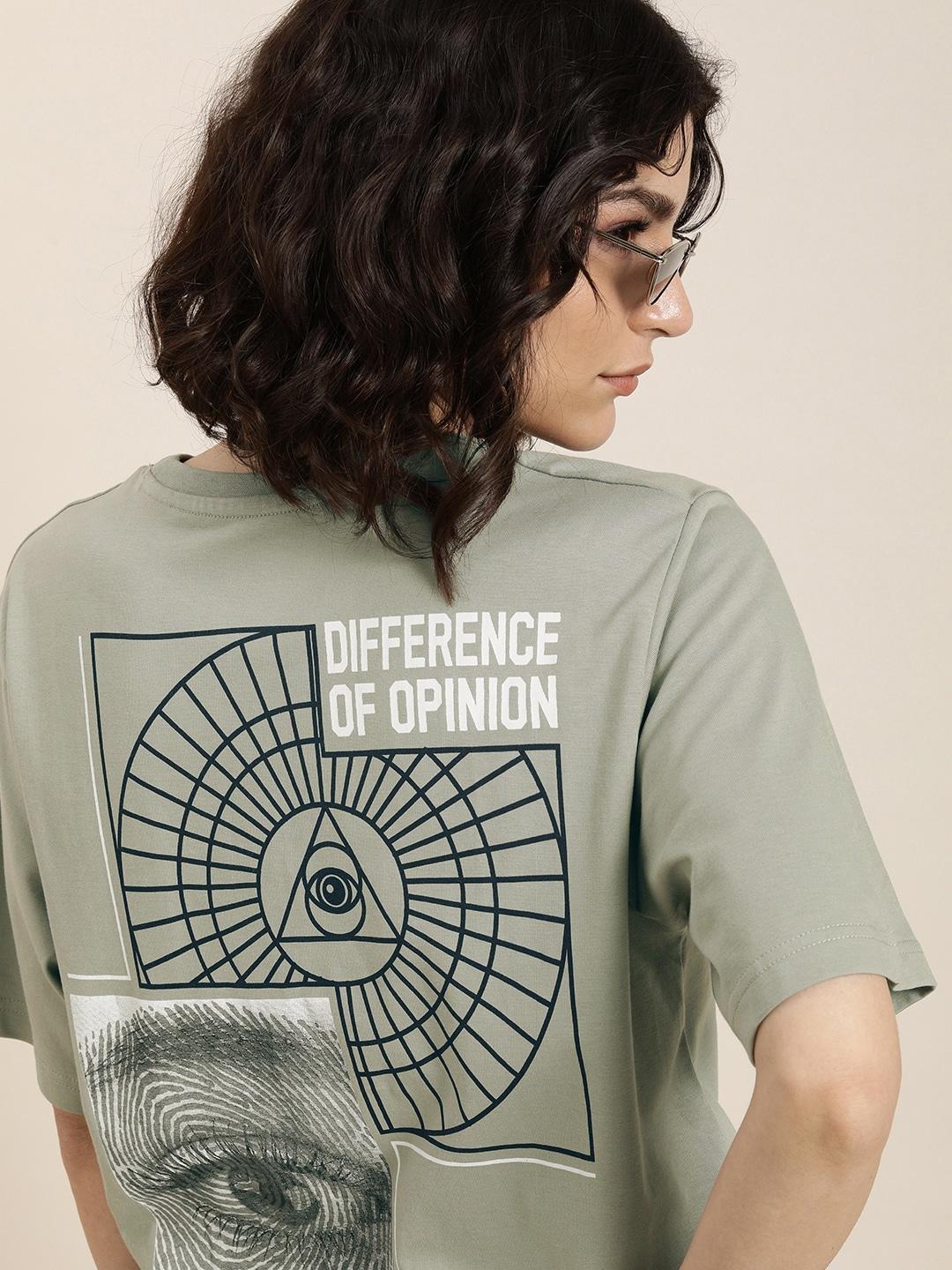 Difference of Opinion Women Grey Pure Cotton Back Print Oversized T-Shirt