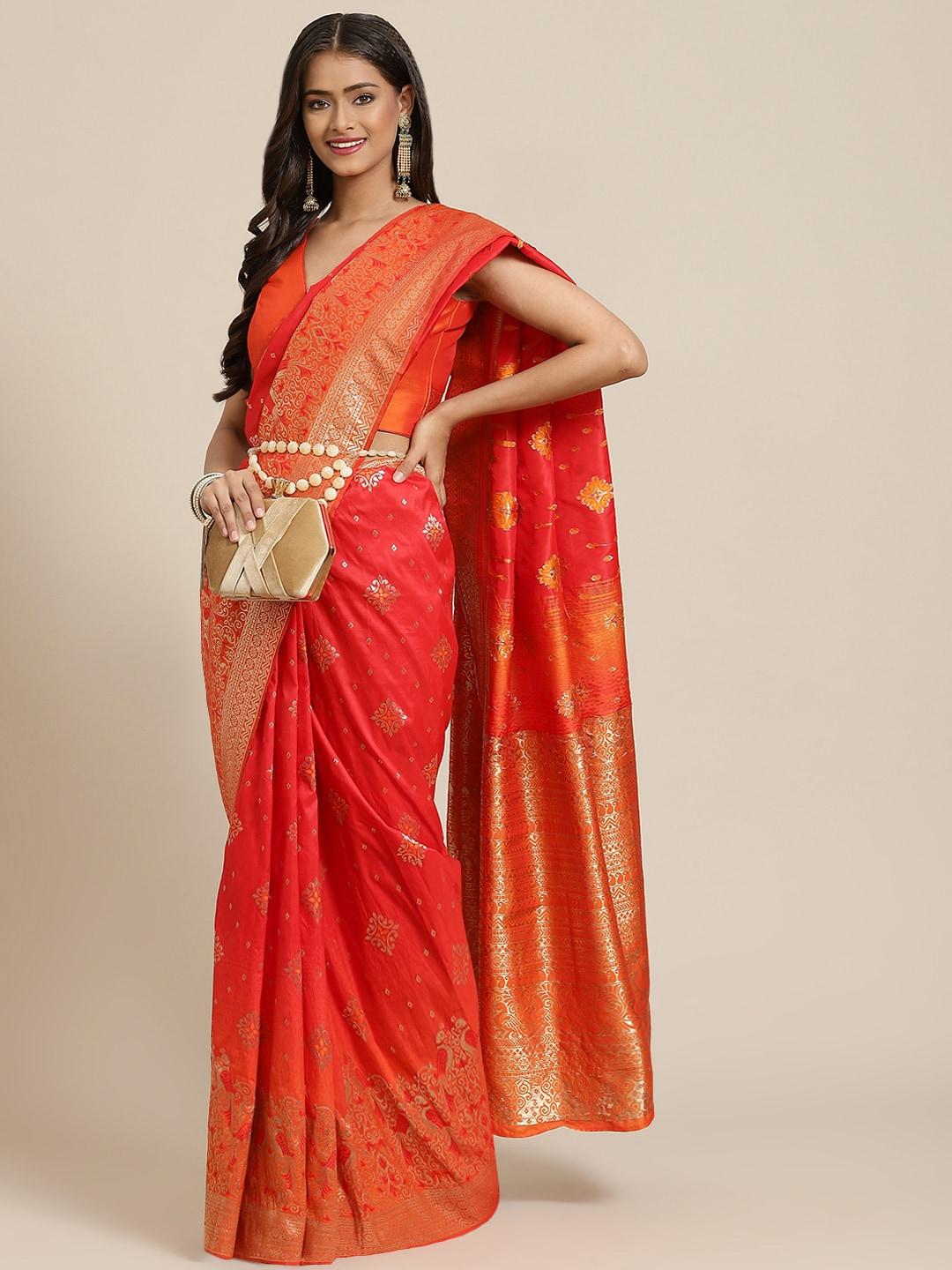 shubhvastra-red-&-orange-ethnic-motifs-silk-blend-banarasi-saree