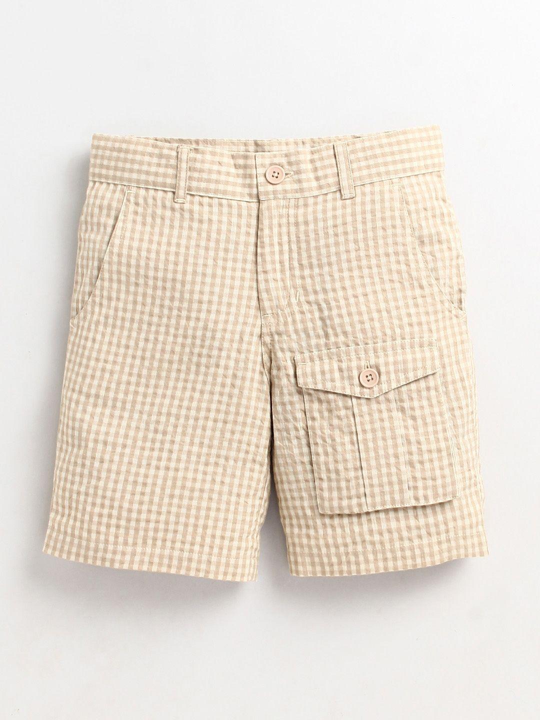 Cherry Crumble Boys Beige Checked Pure Cotton Shorts