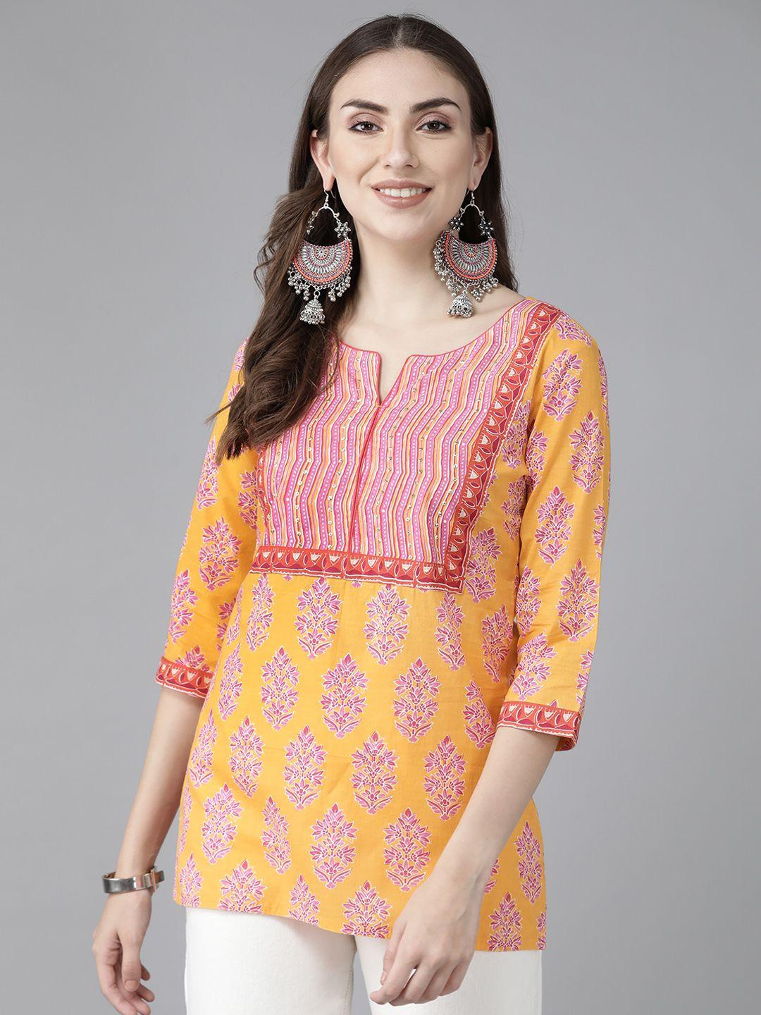 rain-&-rainbow-women-orange-&-pink-ethnic-printed-sequinned-pure-cotton-kurti