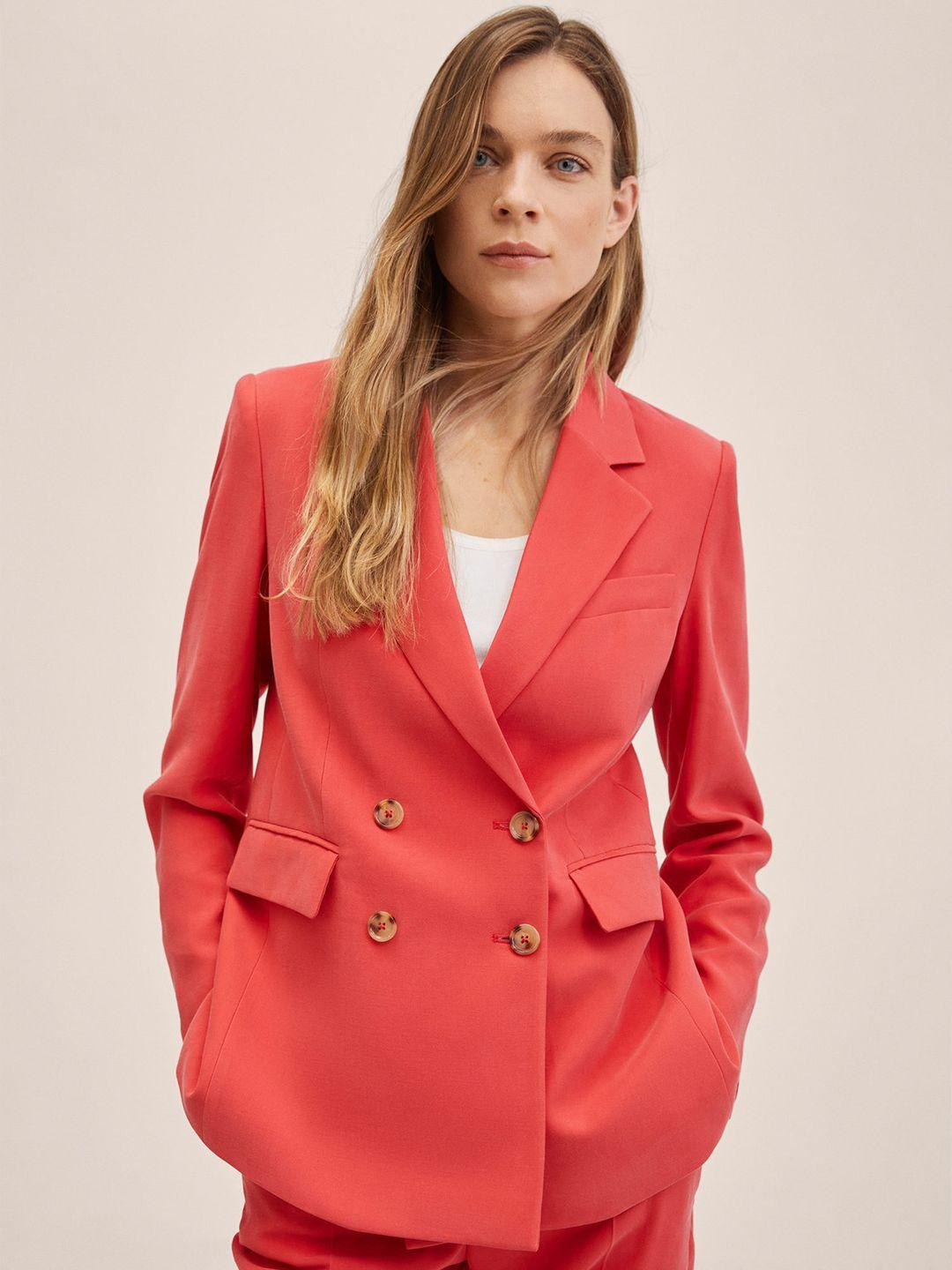 MANGO Women Coral Red Solid Double-Breasted Blazer