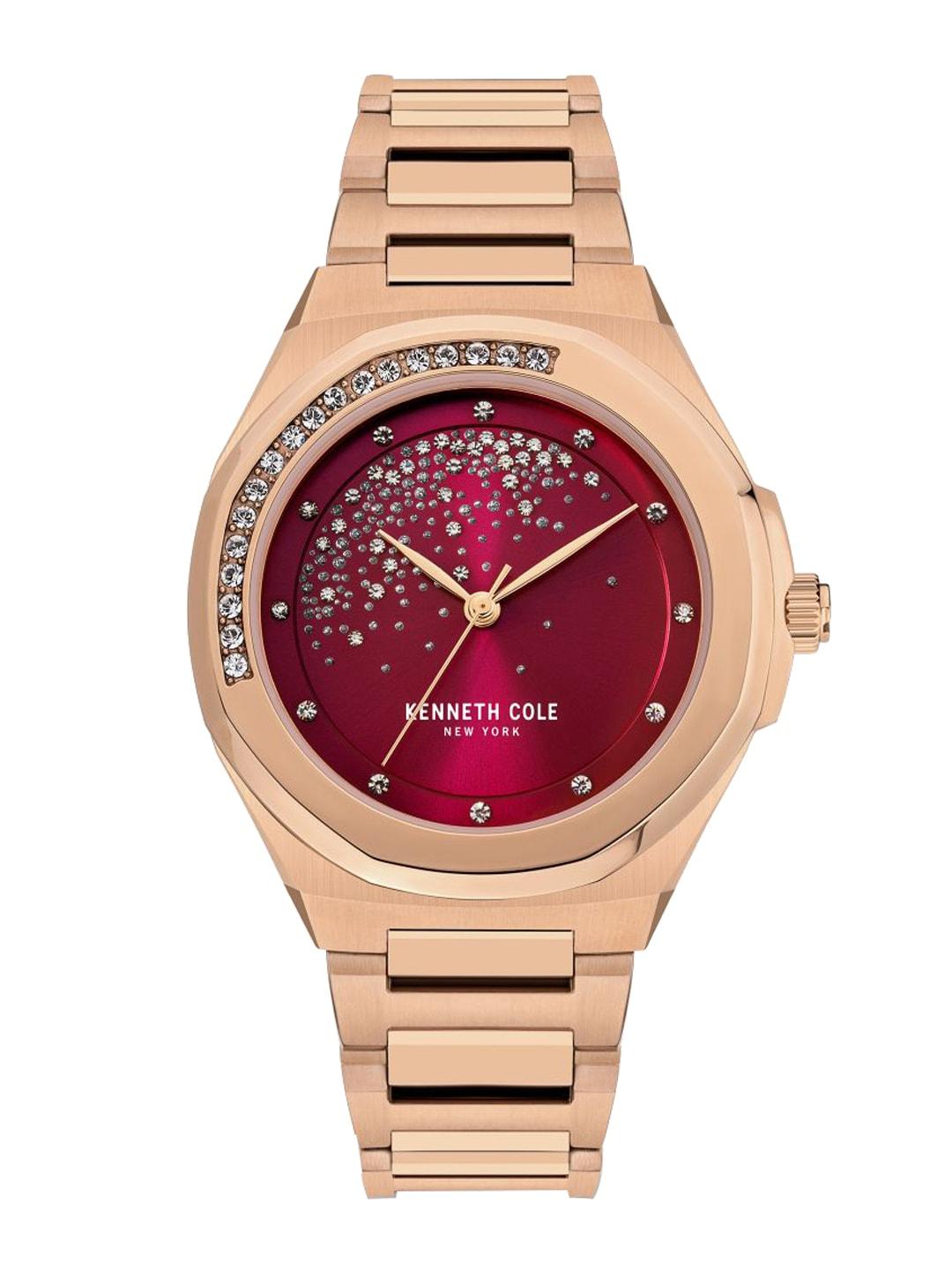 Kenneth Cole Women Maroon Embellished Dial & Rose Gold Toned Stainless Steel Bracelet Style Straps Analogue Watch