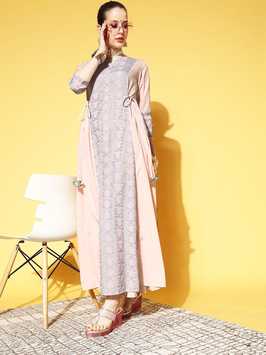 ahalyaa-pink-&-grey-ethnic-motifs-print-maxi-dress