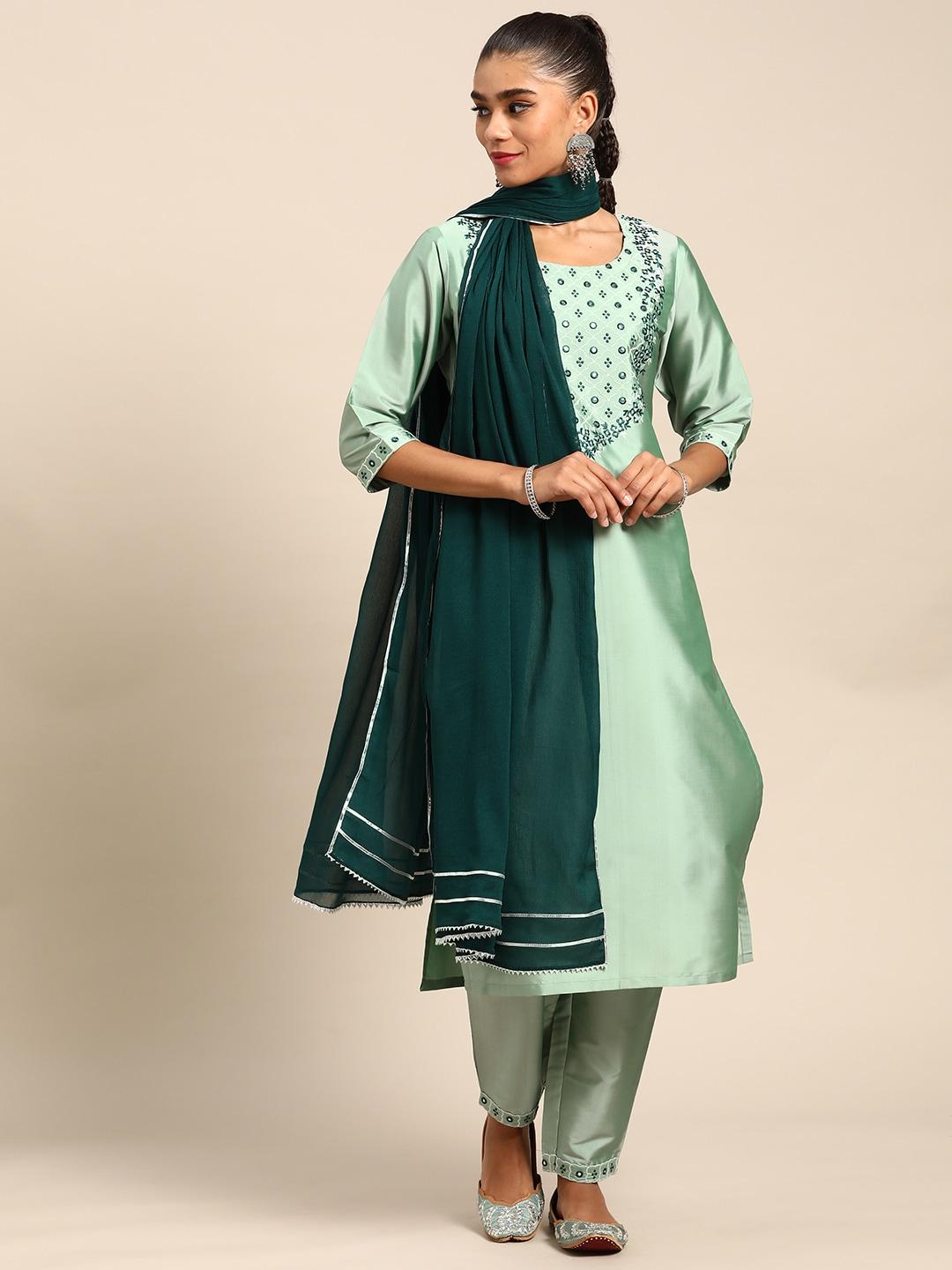 gerua-women-green-floral-yoke-design-mirror-work-kurta-with-trousers-&-dupatta