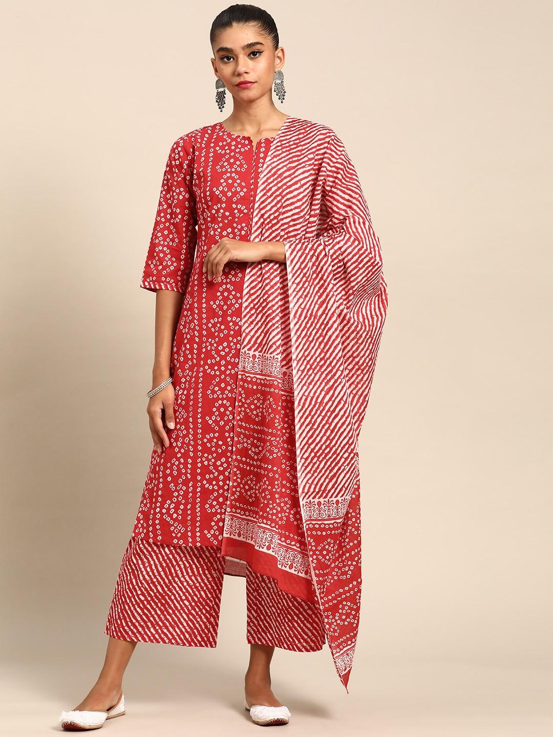 gerua-women-red-bandhani-printed-pure-cotton-kurta-with-palazzos-&-with-dupatta