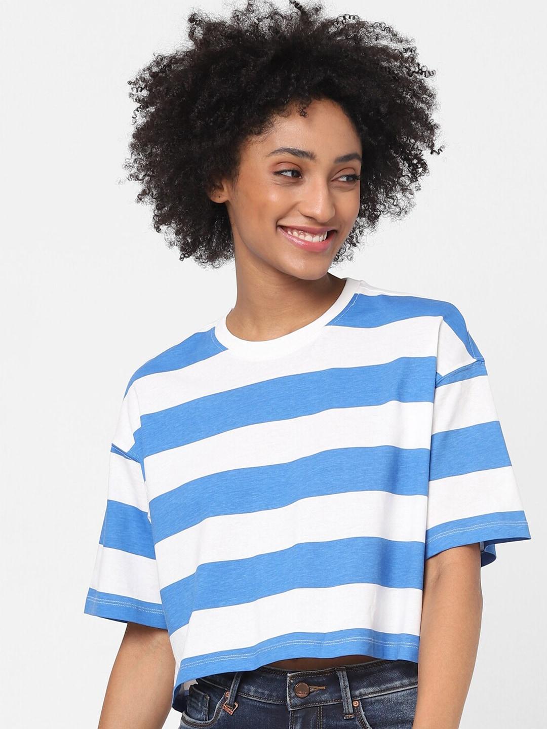 ONLY Women Blue & White Striped Extended Sleeves Crop T-shirt