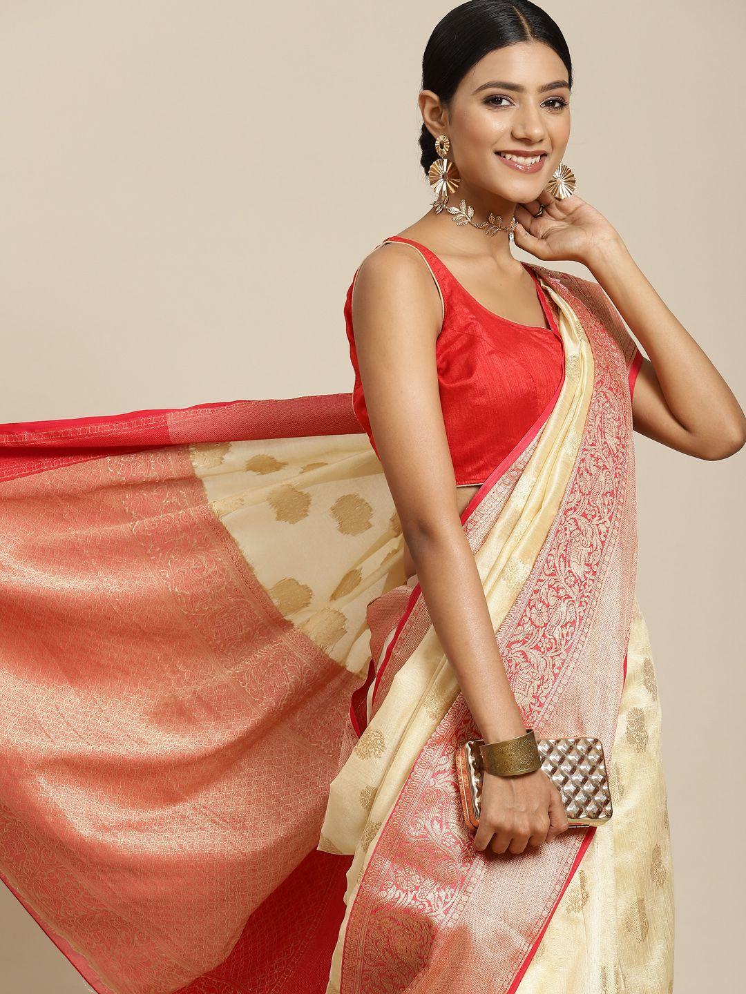 silk-land-off-white-&-red-ethnic-motifs-zari-pure-silk-kanjeevaram-saree