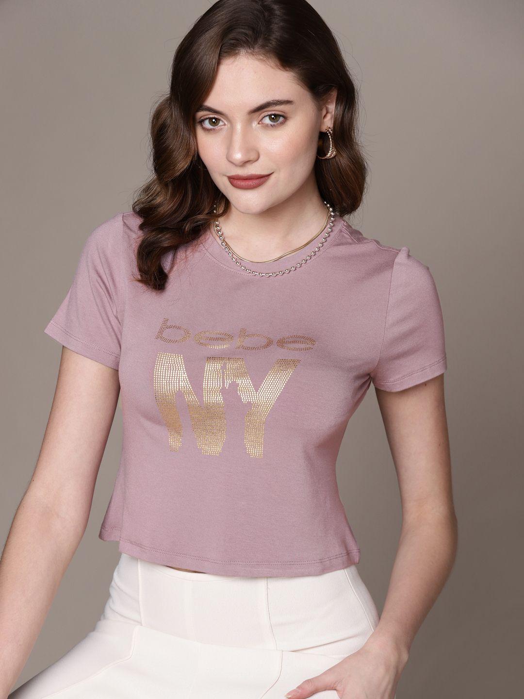 bebe Women Misty Mauve & Golden Season Staples Brand Logo Printed T-shirt