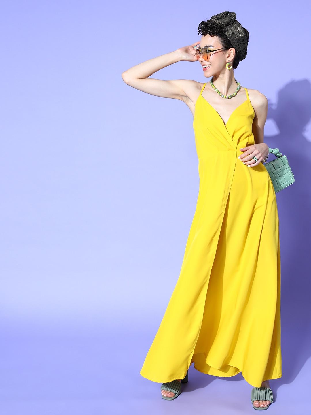 U&F Women Bright Yellow Solid New Neckline Dress