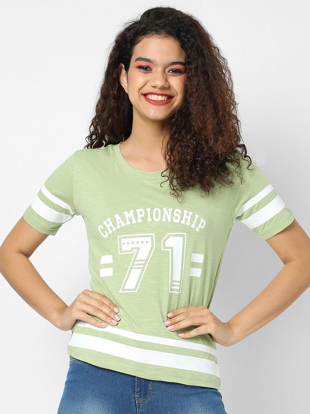 Campus Sutra Women Green Print Pure Cotton Top