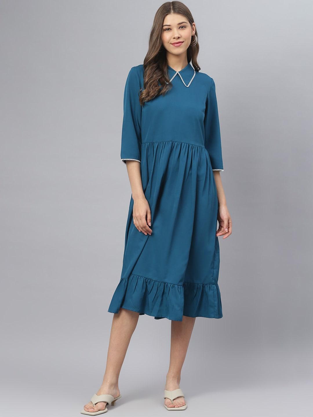 DEEBACO Turquoise Blue Solid Midi Dress