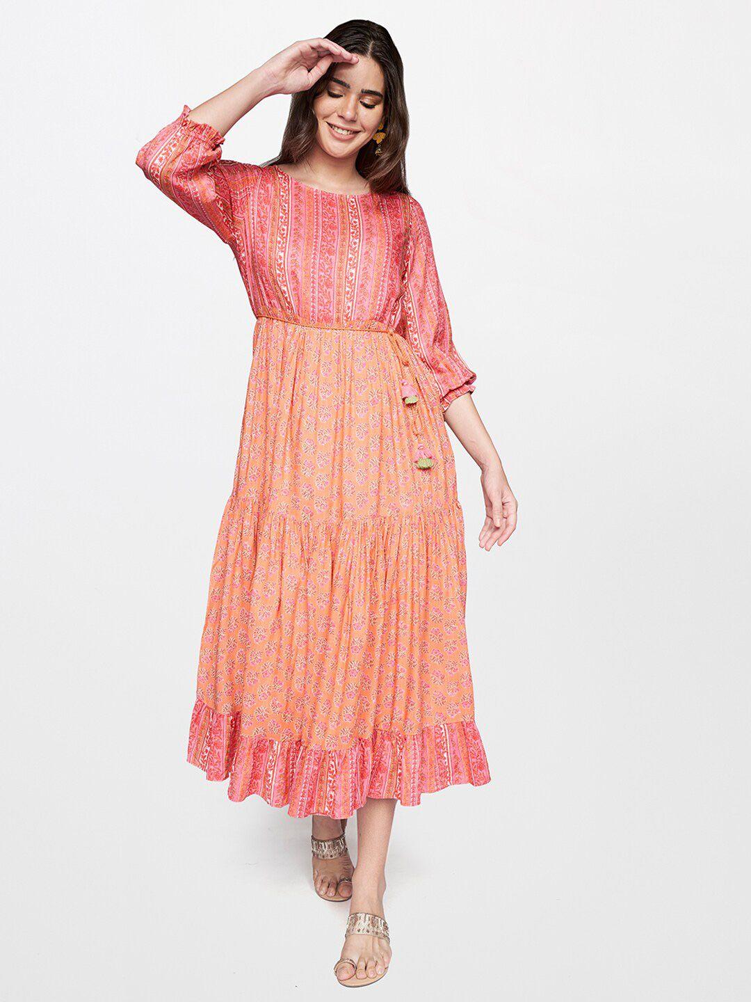 itse Orange & Pink Floral Ethnic Tiered Midi Dress