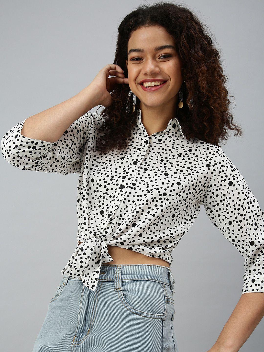 SHOWOFF Women White Printed Shirt Style Crop Top