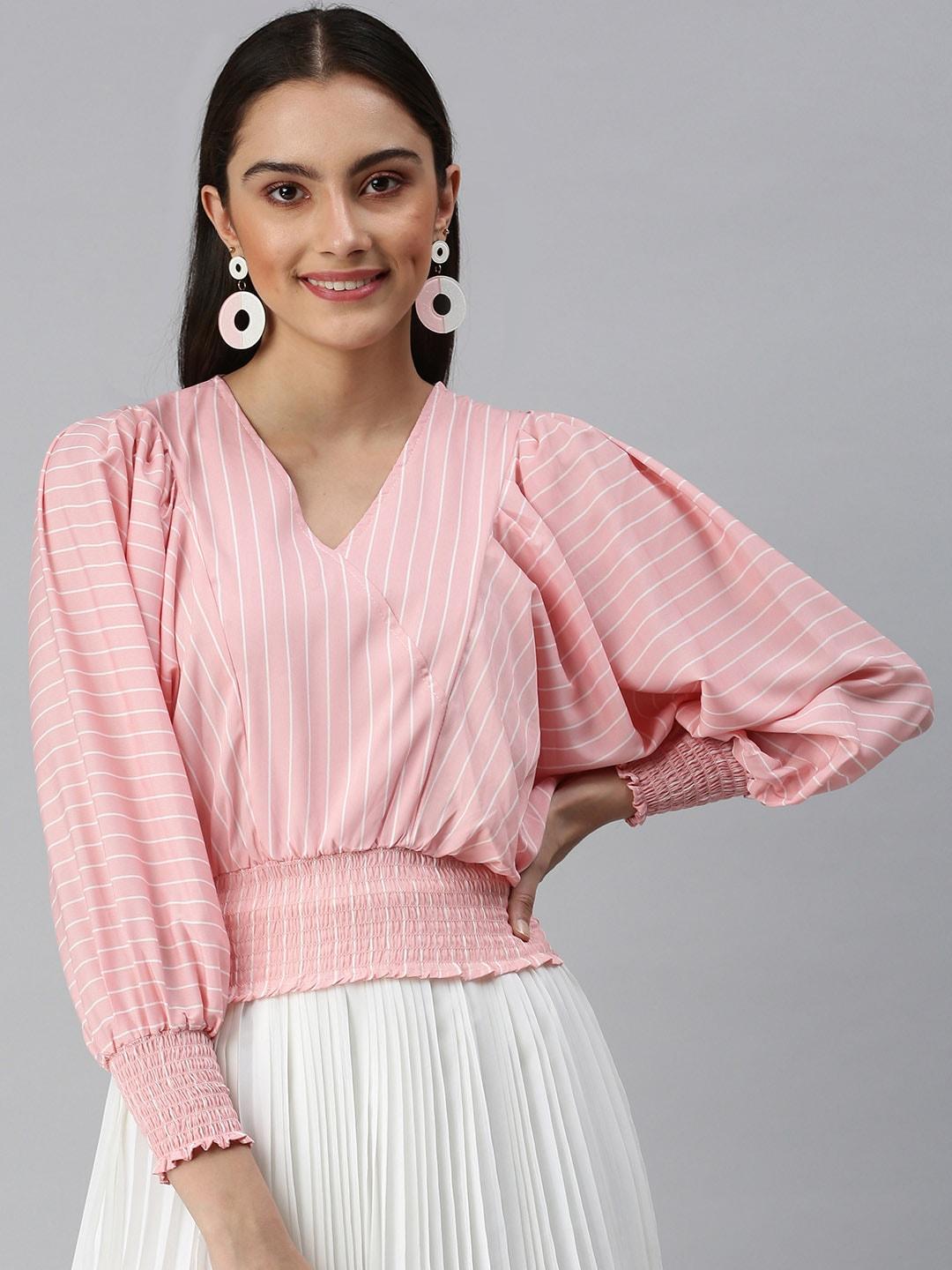 SHOWOFF Pink & White Striped Crepe Blouson Top