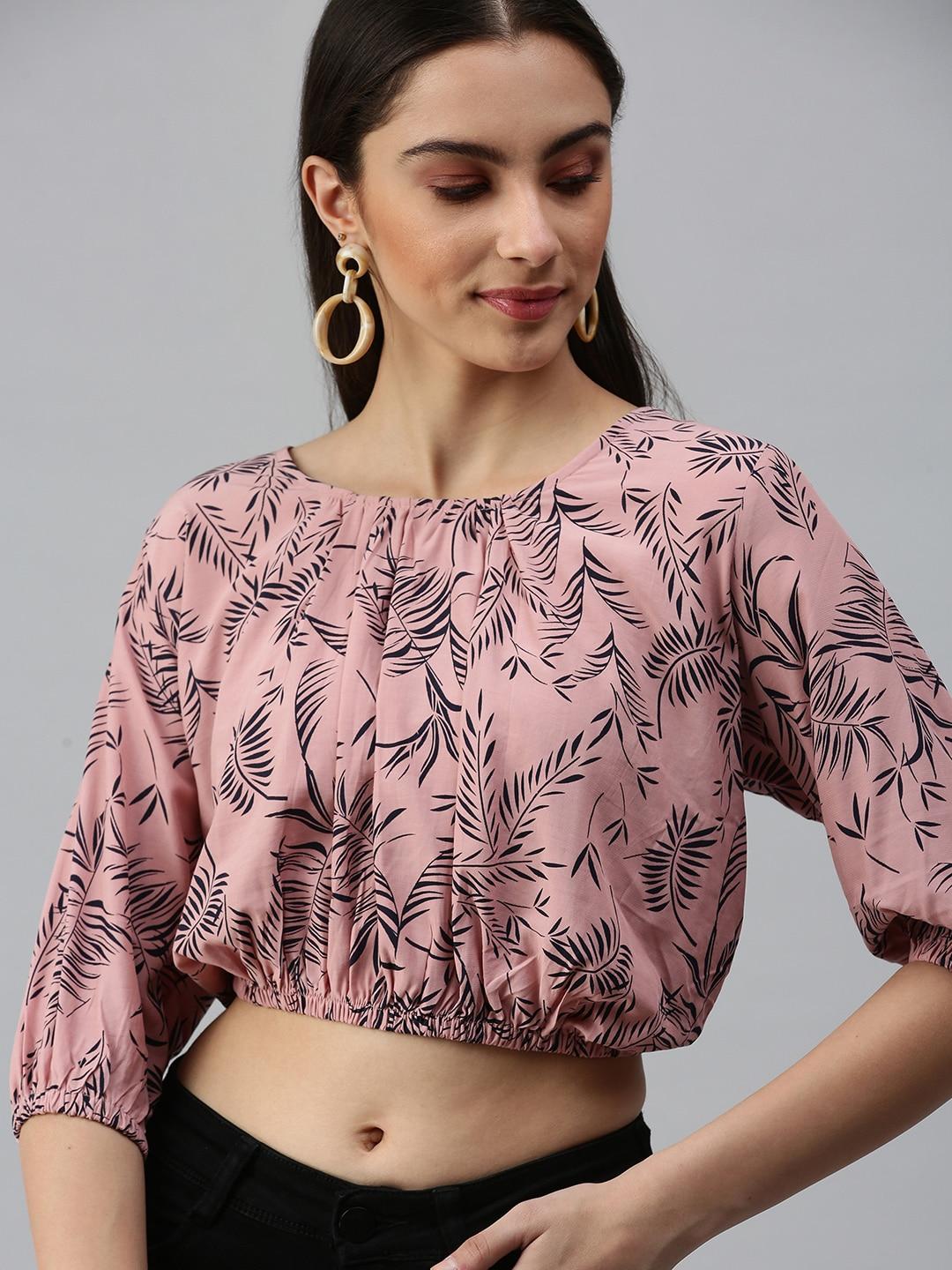 SHOWOFF Women Mauve Tropical Printed Styled Back Crop Top