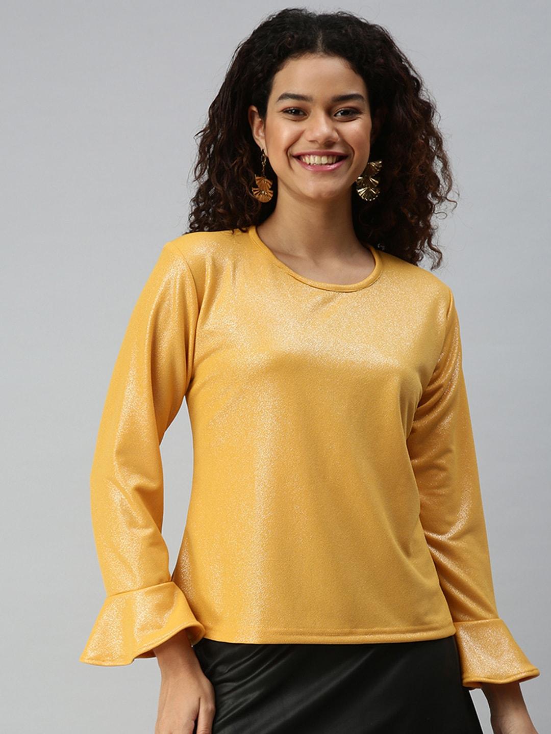 showoff-mustard-yellow-sheen-bell-sleeves-top