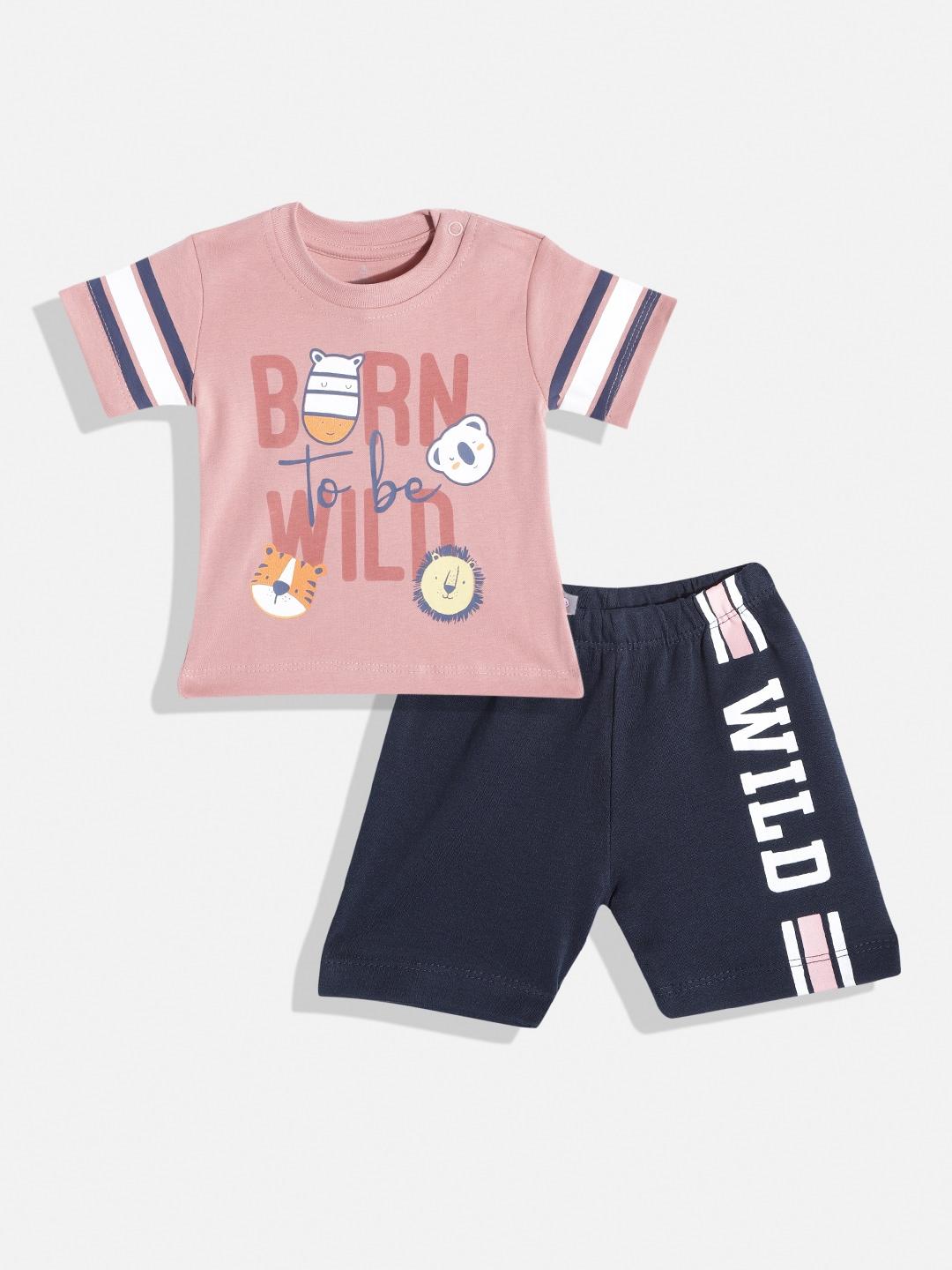 TINYO Infant Boys Peach-Coloured & Navy Blue Graphic Print Cotton Clothing Set