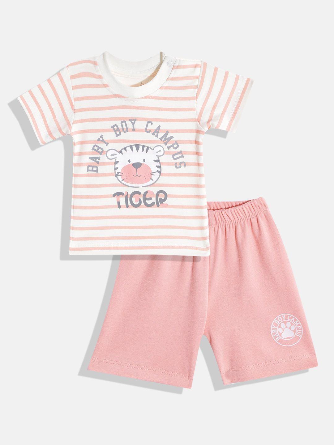 TINYO Infant Boys Cream-Coloured & Peach-Coloured Striped Cotton Clothing Set