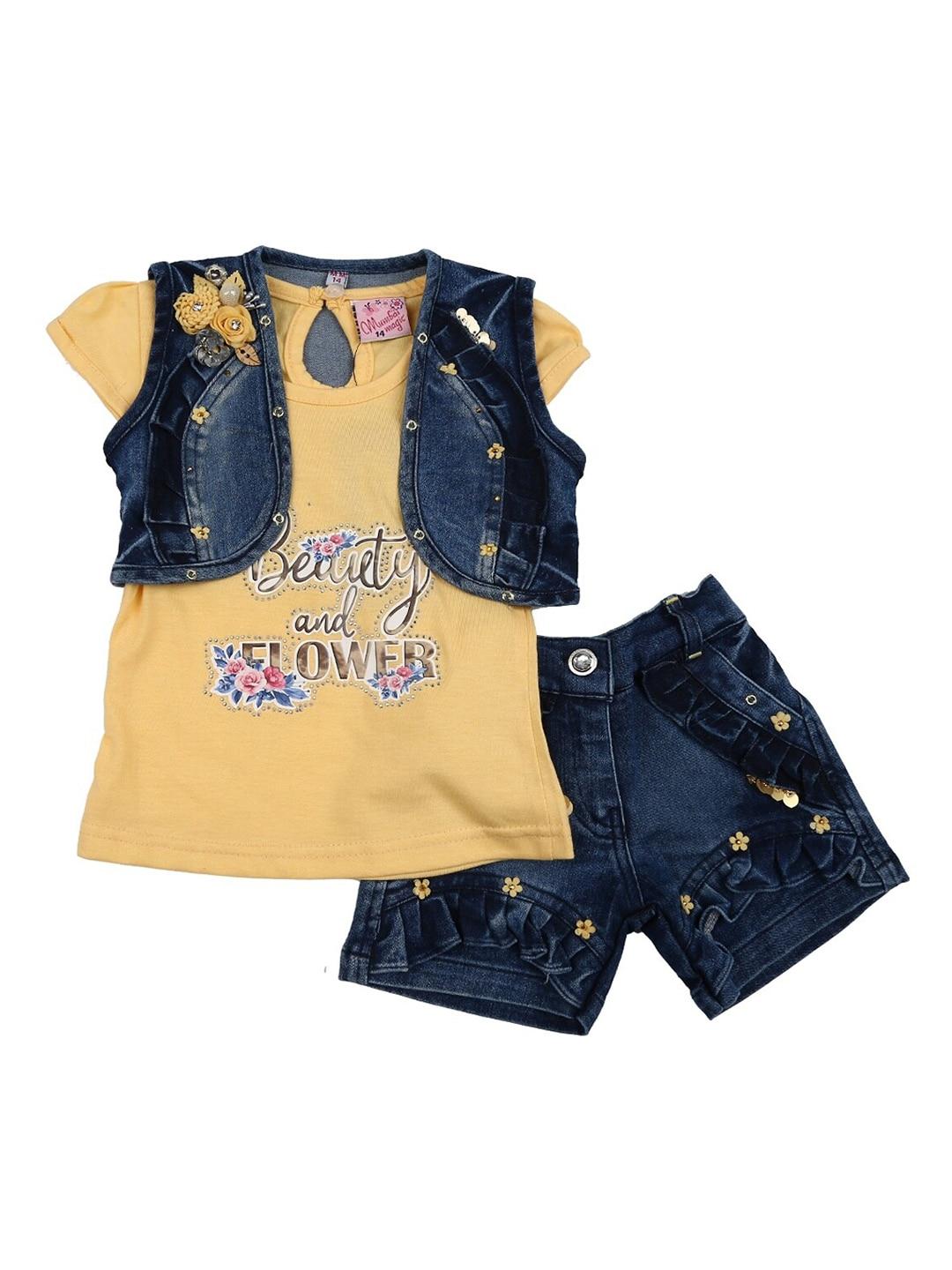 V-Mart Kids Mustard & Blue Printed Knit-Denim T-shirt with Shorts
