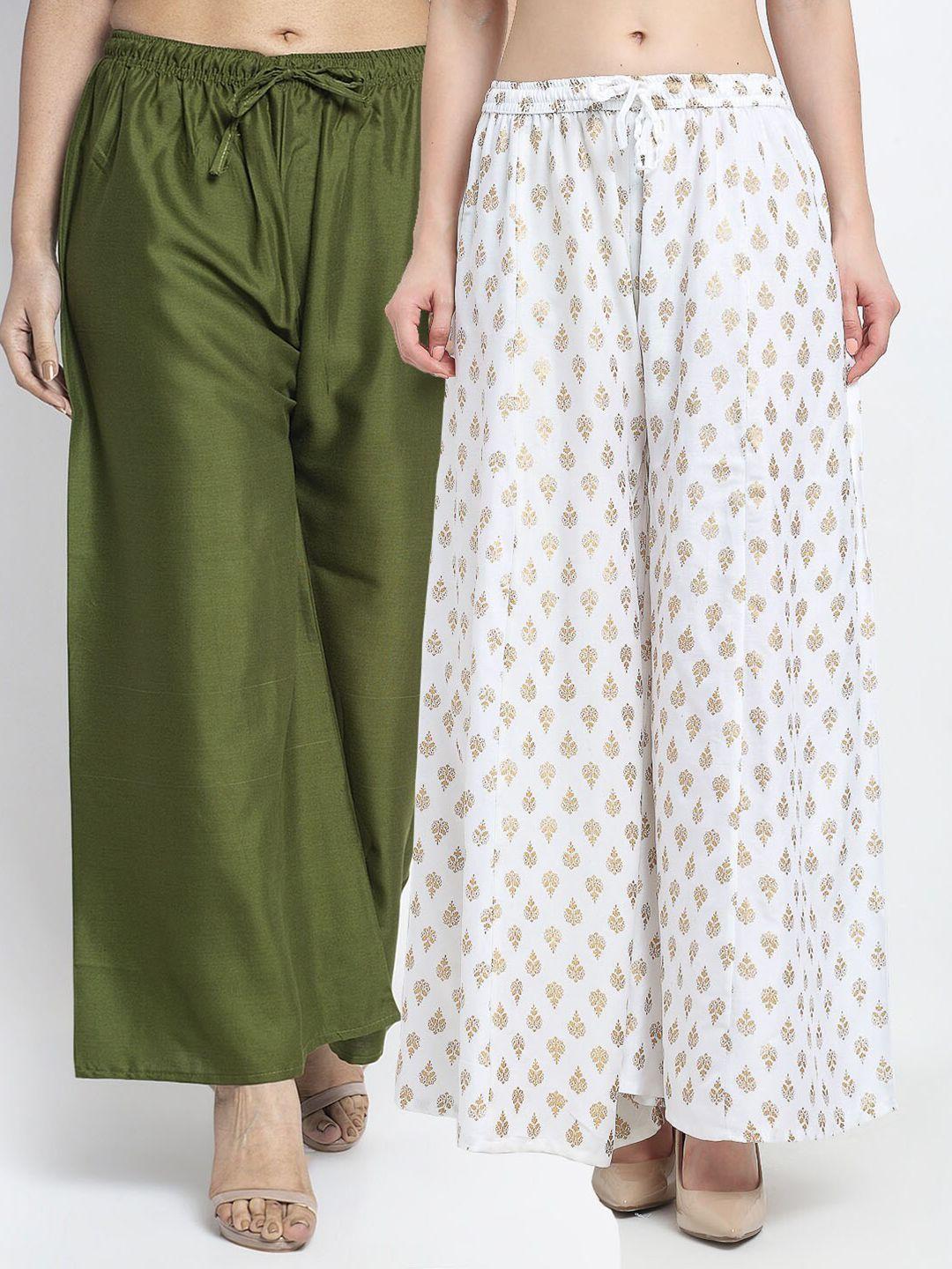 jinfo-women-olive-green-&-white-2-knitted-ethnic-palazzos