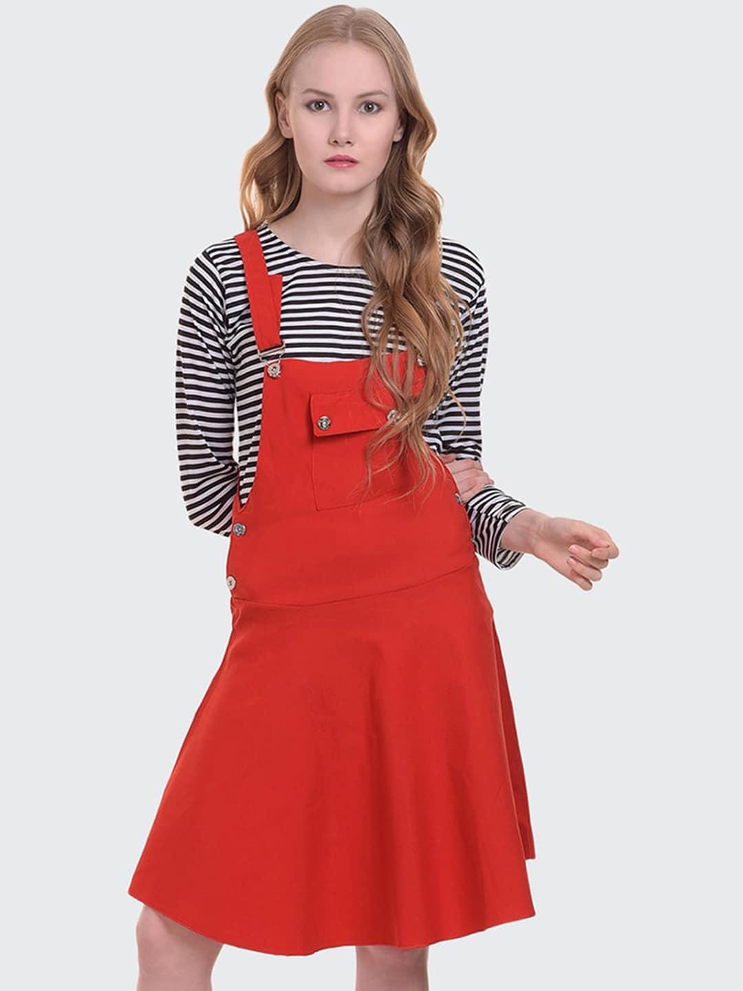 buy-new-trend-women-red-solid-dungaree-skirt-with-t-shirt