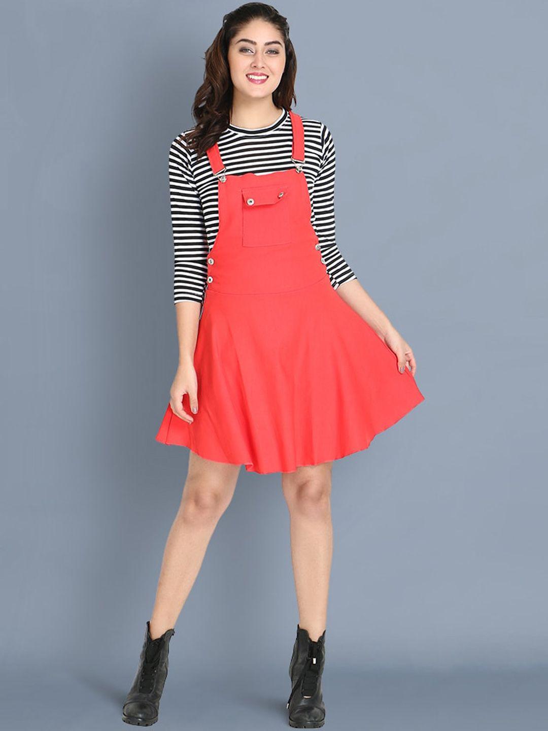 buy-new-trend-women-peach-&-white-solid-cotton-dungaree-skirt-with-top