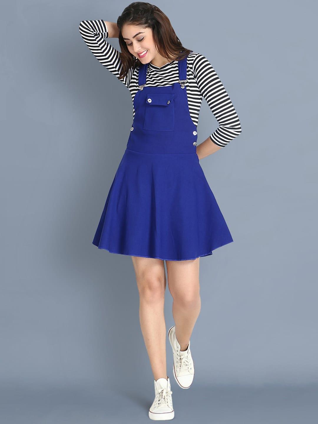 buy-new-trend-women-blue-solid-dungaree-skirt-with-t-shirt