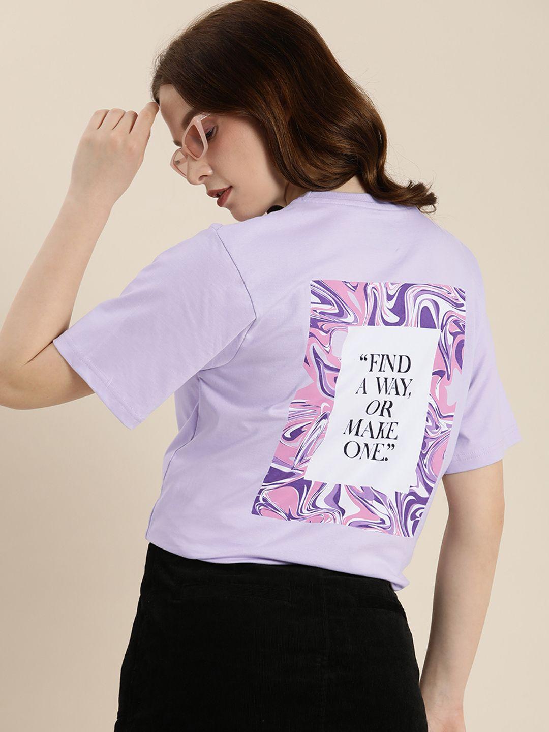DILLINGER Women Lavender & White Printed Pure Cotton Oversized T-shirt