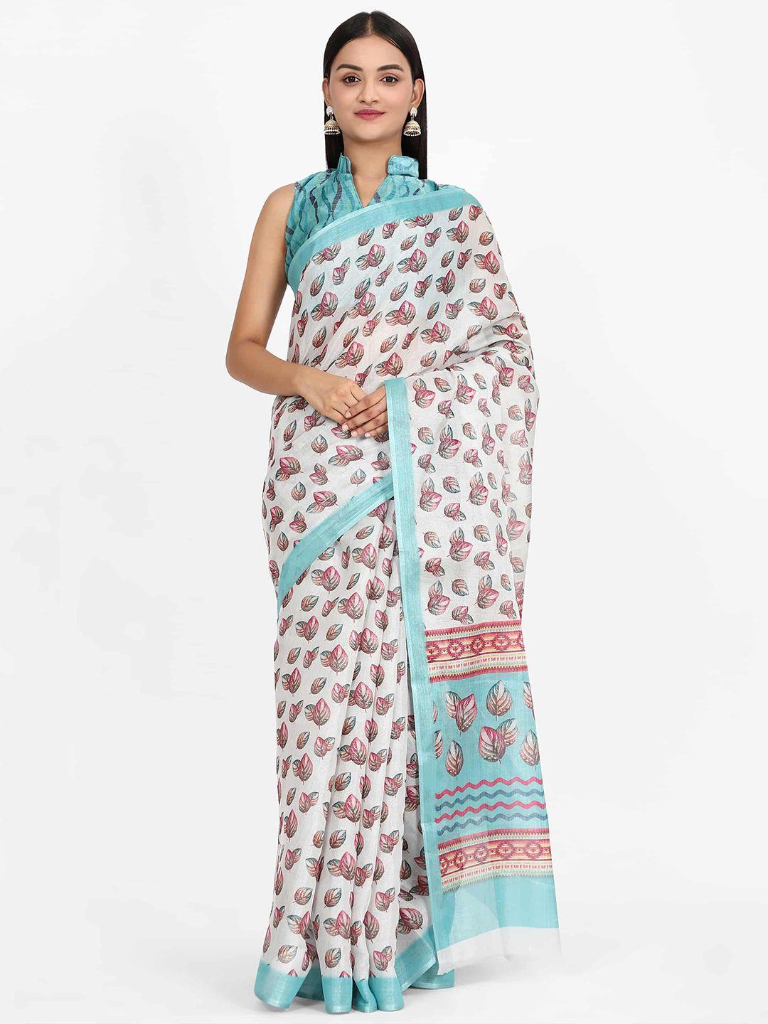 Silk Land White & Blue Floral Printed Chanderi Saree