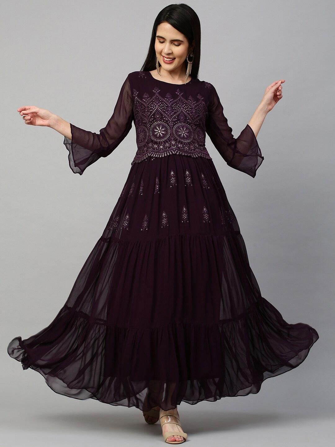 FASHOR Purple Floral Embroidered Layered Georgette Maxi Dress