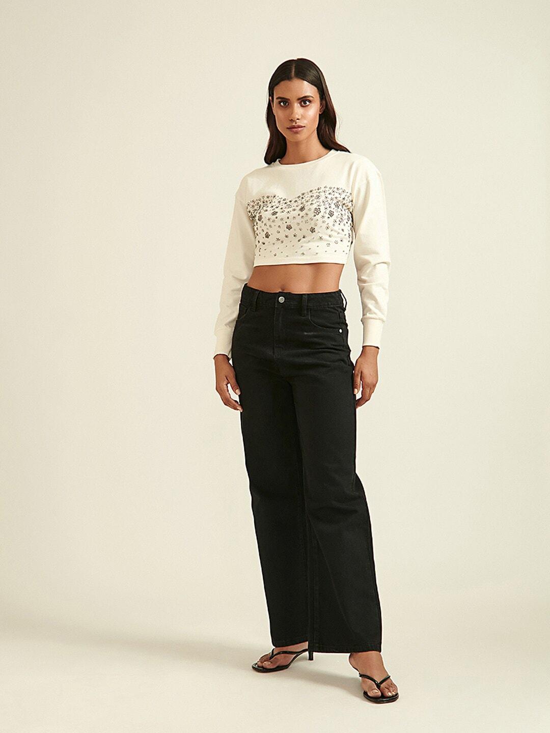COVER STORY Women Cream-coloured Embroidered Crop Sweater