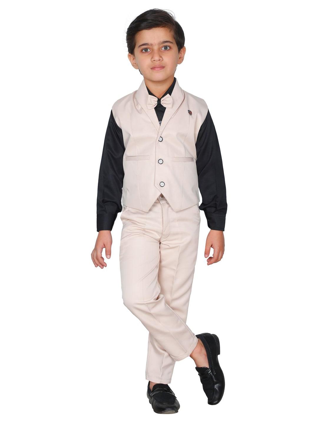 FOURFOLDS Boys Cream-Coloured & Navy Blue Solid Shirt with Trousers & Waistcoat