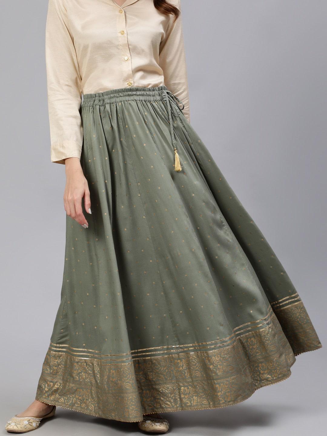 Jaipur Kurti Women Grey & Gold-Colored Printed Flared Maxi Skirt